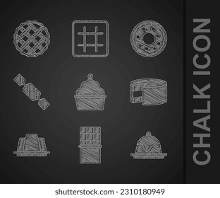 Set Cake, Chocolate bar, Jelly cake, Candy, Donut and Homemade pie icon. Vector