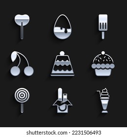 Set Cake, Chocolate bar, Milkshake, Cupcake, Lollipop, Cherry, Ice cream and  icon. Vector