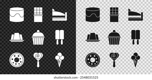 Conjunto de pastel, barra de chocolate, pedazo de pastel, donut, piruleta, helado en cono de gofre, gelatina e icono. Vector