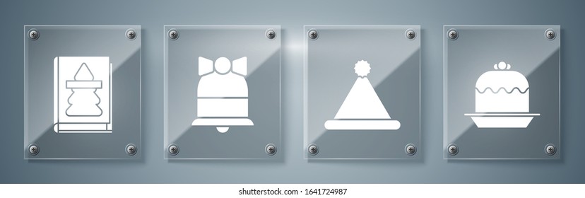 Set Cake, Christmas Santa Claus hat, Merry Christmas ringing bell and Christmas book. Square glass panels. Vector