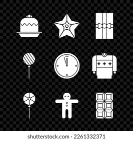 Set Cake, Christmas star, Gift box, Lollipop, Holiday gingerbread man cookie, Chocolate bar,  and Clock icon. Vector