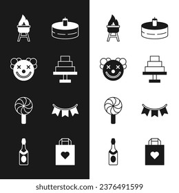 Horneado, Cabeza de Payaso, Parrilla barbacoa, con velas ardientes, Lollipop, banderas de la garganta del Carnaval, corazón de bolsas de compras e icono de botellas de champán. Vector