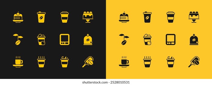 Set pastel, taza de café para llevar, escalas de café Electrónica, helado, pastel de pedazo e icono. Vector