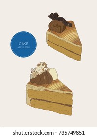 set of cake, coffee cake decorate with chocolate , hand draw sketch vector.