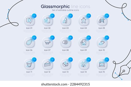 Set of Cake, Coffee-berry beans and Popcorn line icons for web app. Market, Gingerbread man, Water bottle icons. Food order, Leaf, Bombon coffee signs. Food app, World water, Coffee. Vector