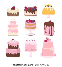 Set of cake collection with colorful color on white background. Hand-draw style. 