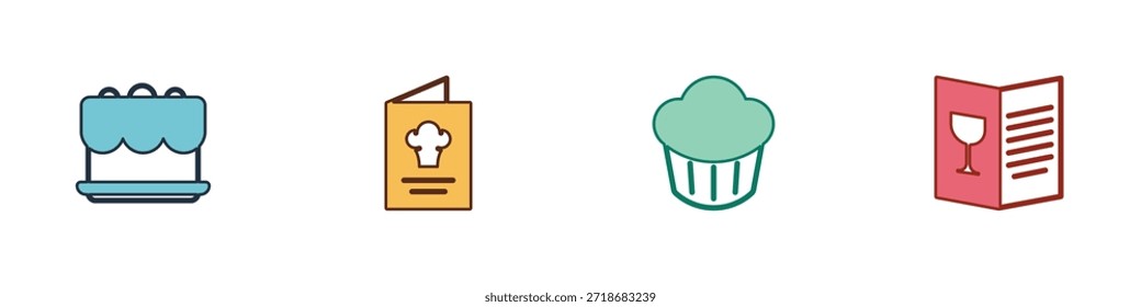Establezca el icono del menú de la torta, del libro de cocina, de la magdalena y del café del restaurante. Vector