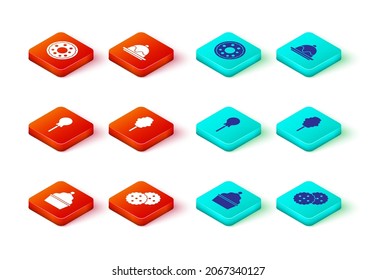 Indique el icono de pasteles, galletas o galletas, langostinos, caramelos de algodón y donut. Vector
