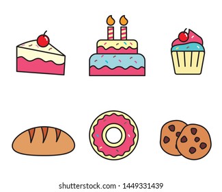 Set of cake and cookies vector illustration with cute design such as cake, birthday cake, cupcake, doughnut and cookies