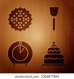 Set Cake , Cracker biscuit , Kitchen timer  and Spatula  on wooden background. Vector