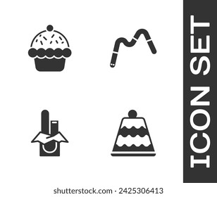 Set Pastel, Cupcake, Chocolate bar y Jelly gusanos dulces icono. Vector