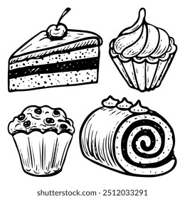 Conjunto de pastel y cupcake dibujado a mano doodle. Rollo de crema. Galletas dulces de postre. Pastelería de azúcar. Producto de panadería. Panecillo al horno. Ilustración de arte de línea de contorno de Vector.
