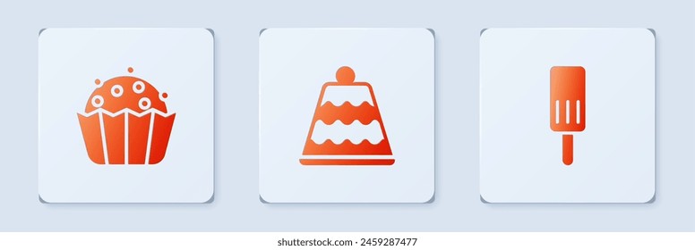 Set Cake, Cupcake and Ice cream. White square button. Vector