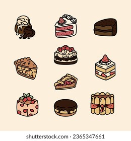 Set of Cake And dessert Cute Flat Line Illustration