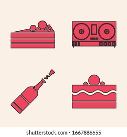 Set Cake , Cake , DJ remote for playing and mixing music  and Champagne bottle  icon. Vector