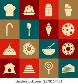 Set Cake, Donut, Cookie or biscuit, Paper package for milk, Spatula, Christmas candy cane, Chef hat and Pastry bag icon. Vector