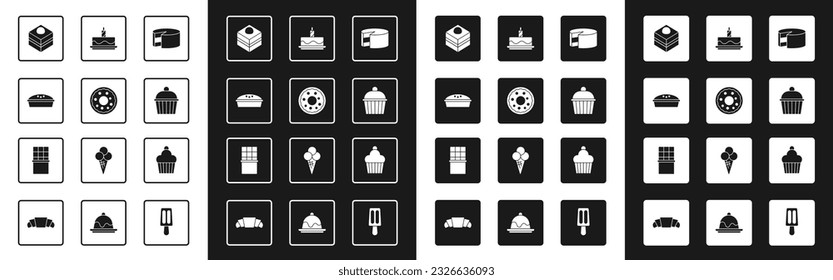 Set Cake, Donut, Homemade pie, Brownie chocolate cake, with burning candles,  and Chocolate bar icon. Vector