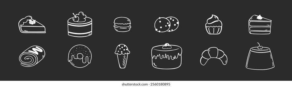 Set of cake doodle illustrations. Food tasty vector illustration. Cakes, biscuits, baking, cookie, pastries, donut, ice cream, macaroons.