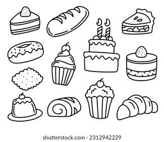 Set von Doodle-Illustrationen für Kuchen einzeln auf weißem Hintergrund. Handgezeichnete Kuchen, Vektorgrafiken