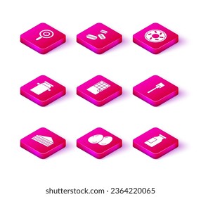 Set Cake, Easter eggs, Can container for milk, Chocolate bar, Bottle with, Spatula, Donut and Macaron cookie icon. Vector