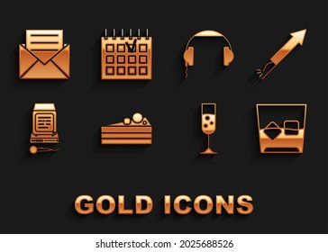 Set Cake, Firework rocket, Glass of whiskey and ice cubes, champagne, Karaoke, Headphones, Envelope with invitation card and Detailed calendar icon. Vector