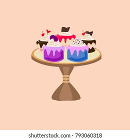 Set of cake. Five delicious different soft cakes. series of food and drink. stand in flat.