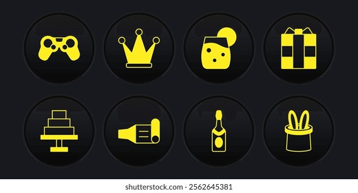 Set Cake, Gift box, Birthday party horn, Champagne bottle, Cocktail, Crown, Magician hat and rabbit ears and Gamepad icon. Vector