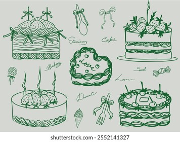 Set of cake hand drawn whimsical line art element for  wedding,christmas,birthday, Invitations, card and more. Doodle icons, Vector Illustrations