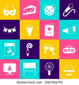 Set Cake, Home stereo with two speakers, Birthday party horn, Clown head, Ice cream in waffle cone, Carnival garland flags, Festive mask and Postcard heart icon. Vector