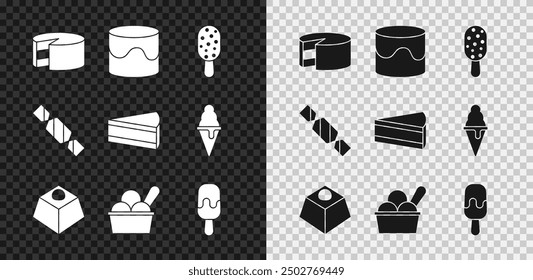 Set Cake, Ice cream, Brownie chocolate cake, in bowl, Candy and Piece of icon. Vector