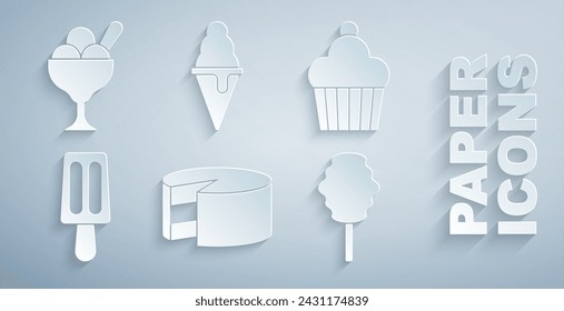 Set Cake, Ice cream, Cotton candy, in waffle cone and bowl icon. Vector