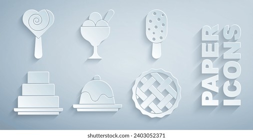 Set Cake, Ice cream, Homemade pie, in bowl and Lollipop icon. Vector