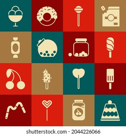 Set Cake, Ice cream, Lollipop, Glass jar with candies inside, Candy, bowl and  icon. Vector