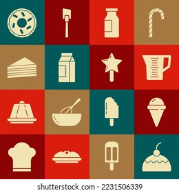 Set Cake, Ice cream in waffle cone, Measuring cup, Bottle with milk, Paper package for, Donut and Lollipop icon. Vector