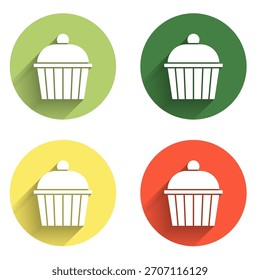 Set Cake icon isolated with long shadow background. Happy Birthday. Color circle button. Vector