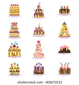 Set of cake icons. Cakes collection. Isolated on white background. Glazed pies with berries, cherry and strawberry. Berry and chocolate pie. Flat vector illustration
