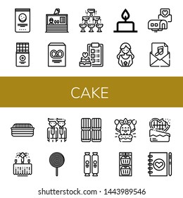 Set of cake icons such as Chocolate chip, Chocolate bar, Ice cream shop, Pretzel, Champagne, Wedding, Candle, Bride, Wedding invitation, Invitation, Bread, Groom, Lollipop , cake