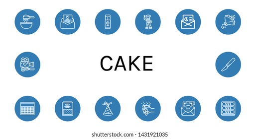 Set of cake icons such as Dough, Wedding invitation, Chocolate bar, Disco, Invitation, Bouquet, Sugar, Semolina, Party hat, Wedding, Bread, Wedding day, Slice , cake