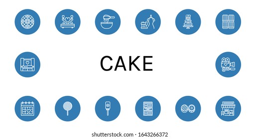 Set of cake icons. Such as Wafer, Wedding, Dough, Bride dress, Wedding cake, Toffee, Wedding day, Lollipop, Snack, Chocolate, Cafe , cake icons