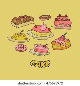 Set of cake isolated hand drawn style cartoon. Vector illustration