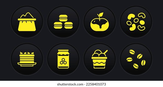 Set Cake, Jelly candy, Jar of honey, Ice cream in bowl, Apple caramel, Macaron cookie, Coffee beans and Bag flour icon. Vector