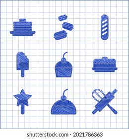 Set Cake, Kitchen whisk and rolling pin, Lollipop, Ice cream, French baguette bread and Stack of pancakes icon. Vector