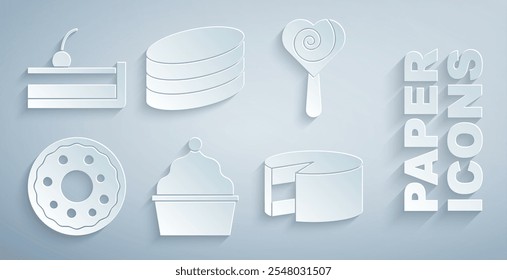 Set Cake, Lollipop, Donut, Brownie chocolate cake and Cherry cheesecake icon. Vector