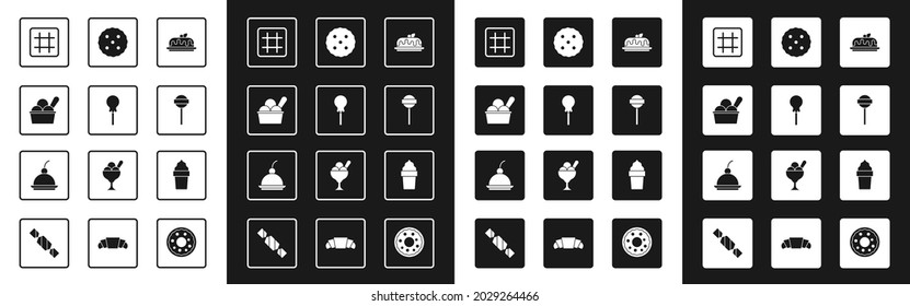 Set Cake, Lollipop, Ice cream in bowl, Waffle, Cookie or biscuit, waffle cone and Cherry cheesecake icon. Vector