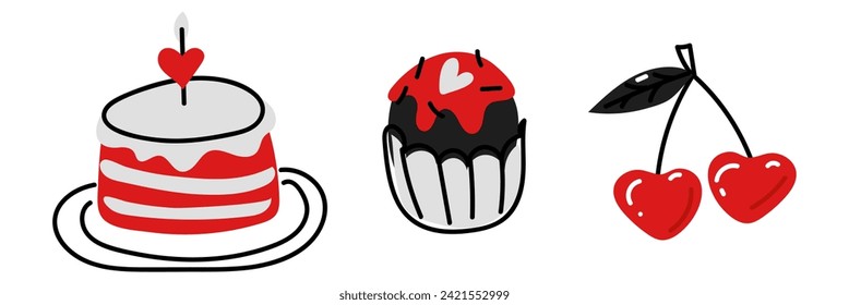 Set of cake, muffin, cherry. Sketches of doodle cupcakes with hearts. Baked dessert for a Valentine's Day party. Objects drawn by hand. Linear sketch of the battery. With love doodle flat illustration