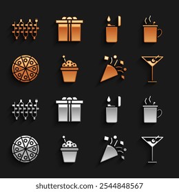 Set Cake, Mulled wine, Martini glass, Festive confetti, Pizza, Lighter, Christmas lights and Gift box icon. Vector