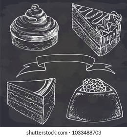 Set of cake on chalkboard background. Vector food image. Sweet and beautiful dessert. Perfect for dessert menu or food package design.