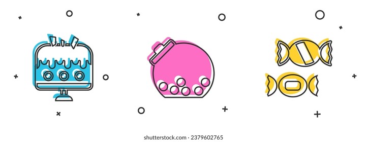 Set Cake on plate, Glass jar with candies inside and Candy icon. Vector