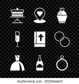 Set Cake on plate, Location with heart, Wedding cake, Woman dress, Champagne bottle, Diamond engagement ring, Glass of champagne and Holy bible book icon. Vector
