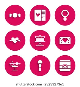 Set Cake on plate, Microphone, Wedding rings, Envelope with Valentine heart, Cocktail, Amour and arrow, Female gender symbol and Bow tie icon. Vector